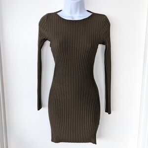 Elegant Olive Green Ribbed Knit Dress